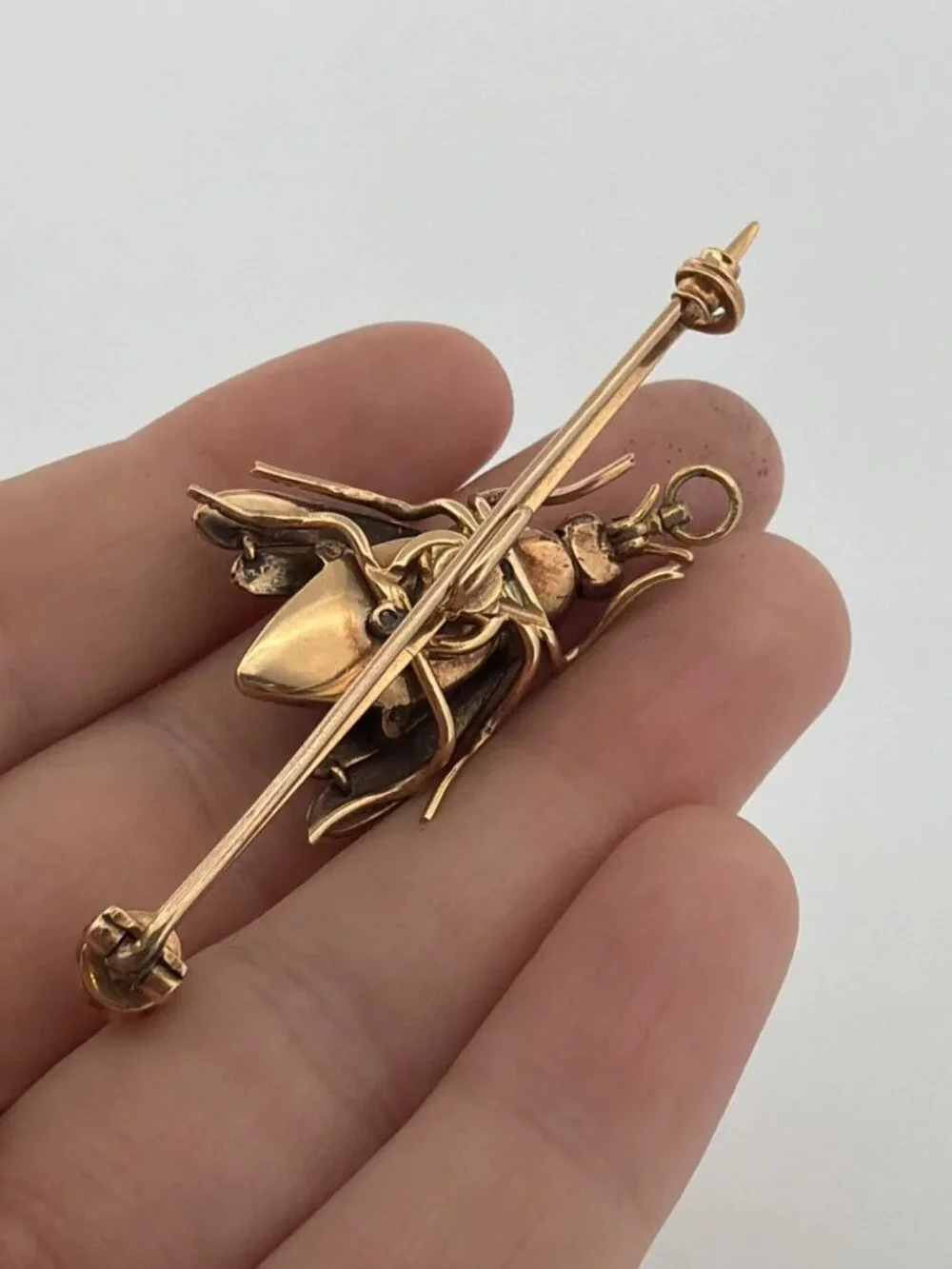 Antique Victorian Bee Brooch 14K Gold & Silver Diamond Emerald Cats Eye Quartz - Picture 3 of 13